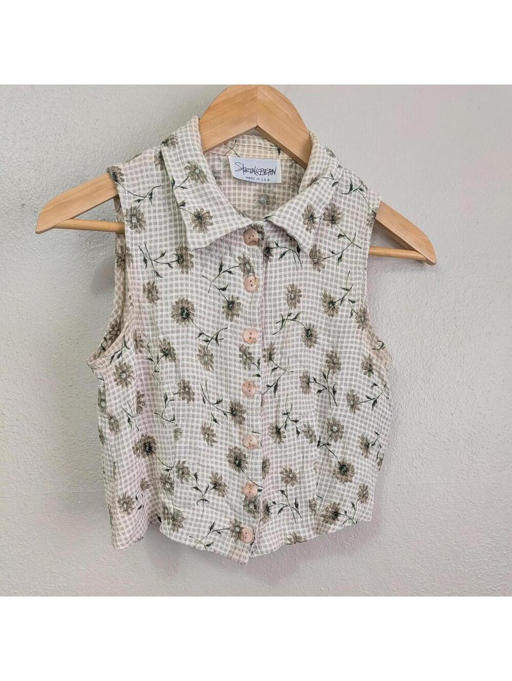 1990s Gingham Daisy Print Sleeveless Cropped Button Front Collared Top Size S/XS